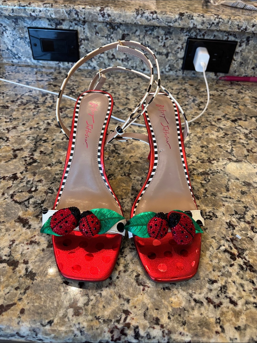 Betsey Johnson Red and Green Ladybug Embellished Strappy Heels